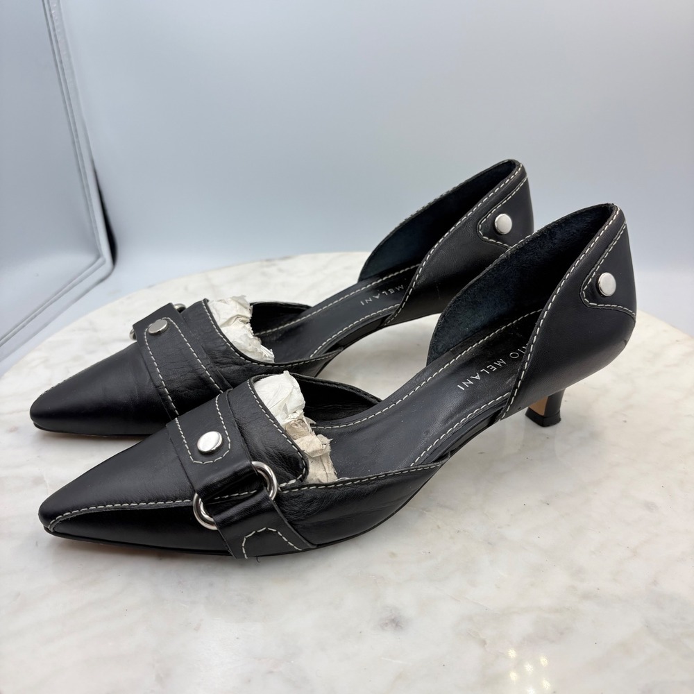 Antonio Melani Kitten Heels Women 7.5 Black Leather Y2K Point Toe d'Orsay Pumps